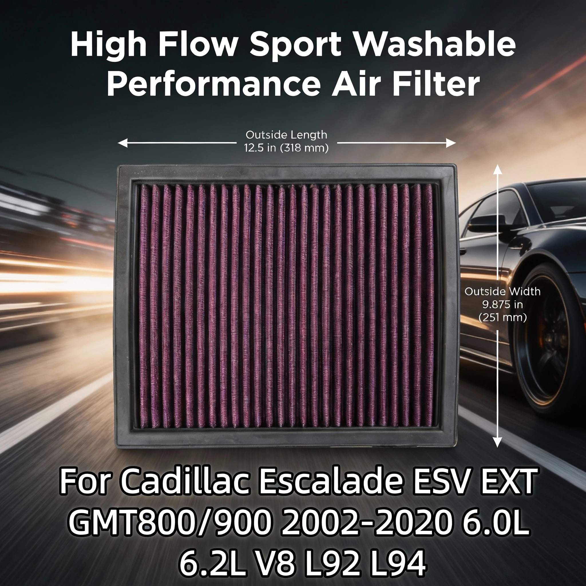 

Для Cadillac Escalade ESV EXT GMT800/900 2002-2020 6.0L 6.2L V8 L92 L94 Высокопроизводительный спортивный моющийся воздушный фильтр 33-2135