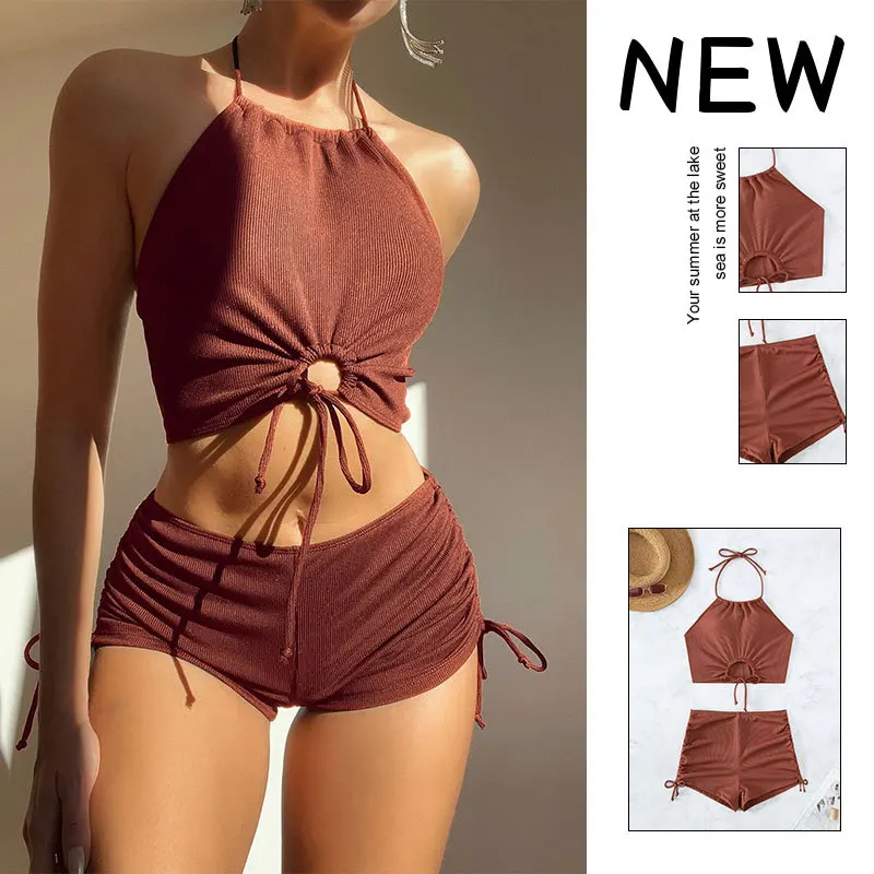 

2024New Solid Color Sling Split Swimsuit Women's Conservative Boxer Bikini Beach Swimsuit