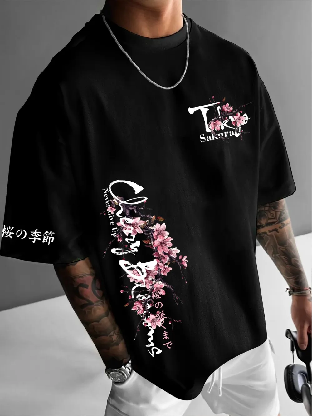 American men's summer Gothic cherry blossom branch letter print micro elastic breathable round neck T-shirt outdoor street top
