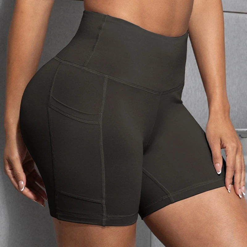 CHRLEISURE Yoga Shorts with Pockets High Waist Butt Lifting Cycling Tight Elastic Slim Running Fitness Women Shorts Sportswear image 4