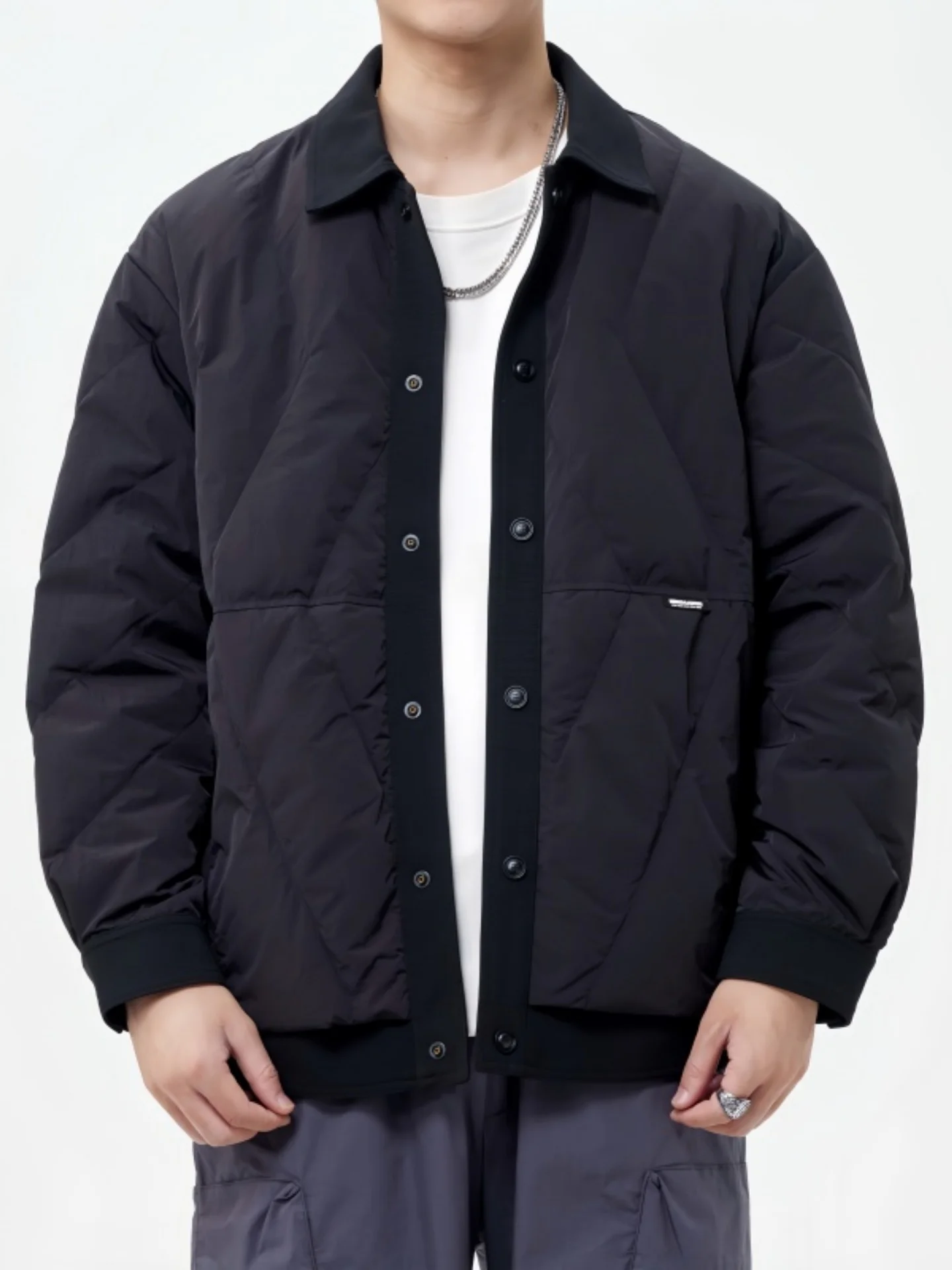 

Lightweight irt-Sle White Du down Jaet with Diamond Pattern Men's Winter Warm ort Coat Casual Loose Fit Outerwear