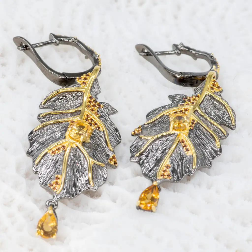 GEM\'S BALLET Georgia O\'keeffe 0.97Ct Natural Citrine 925 Sterling Silver Handmade Monstera Leaves Drop Earrings for Women Bijoux
