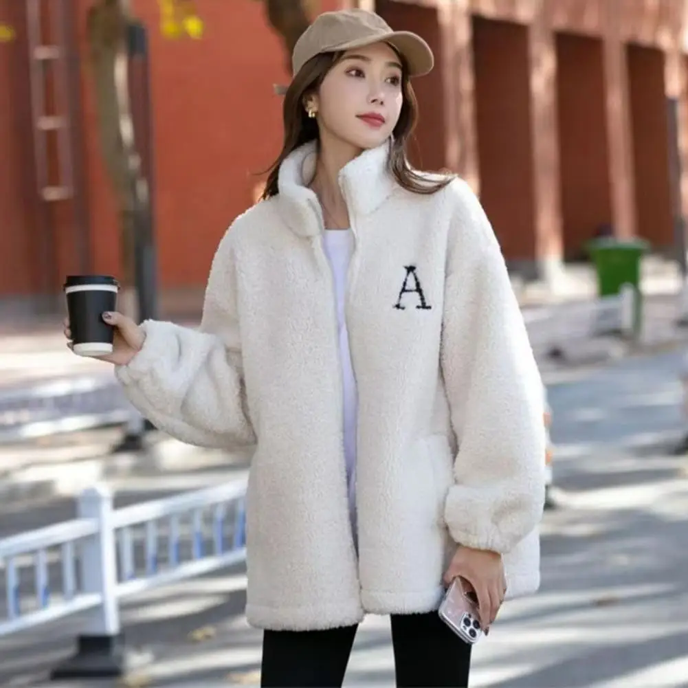

Women Outerwear Stylish Women's Winter Coat with Stand Collar Embroidered Letter Detail Plush Pockets Warm Cardigan for Cold