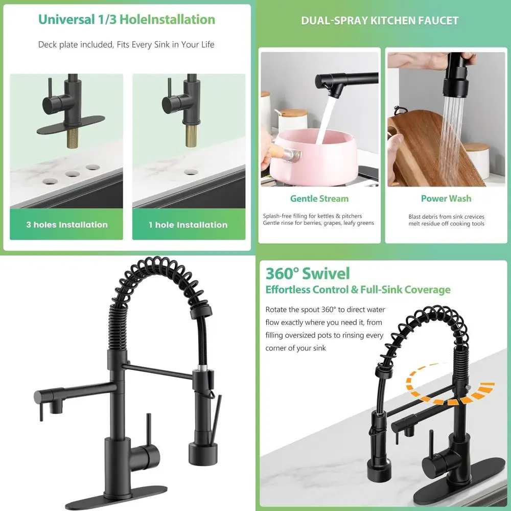 

Matte Black Single Handle Pull-Down Spray Kitchen Faucet, Suitable for Commercial Stainless Steel Sinks, 1 or 3 Hole Mounting, I
