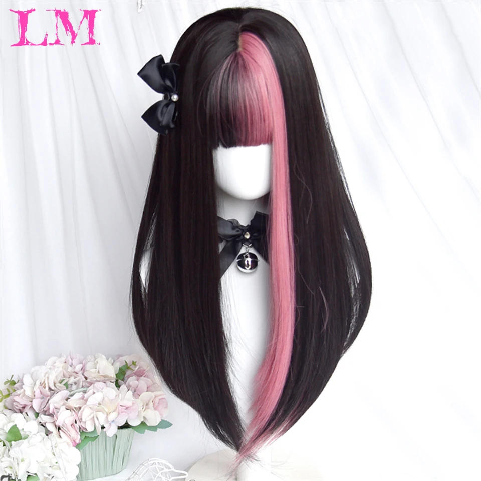 LM Long Straight Black Pink Hair Highlights Synthetic Blend Wigs With Fluffy Bangs For Women's Daily Wear Four Season