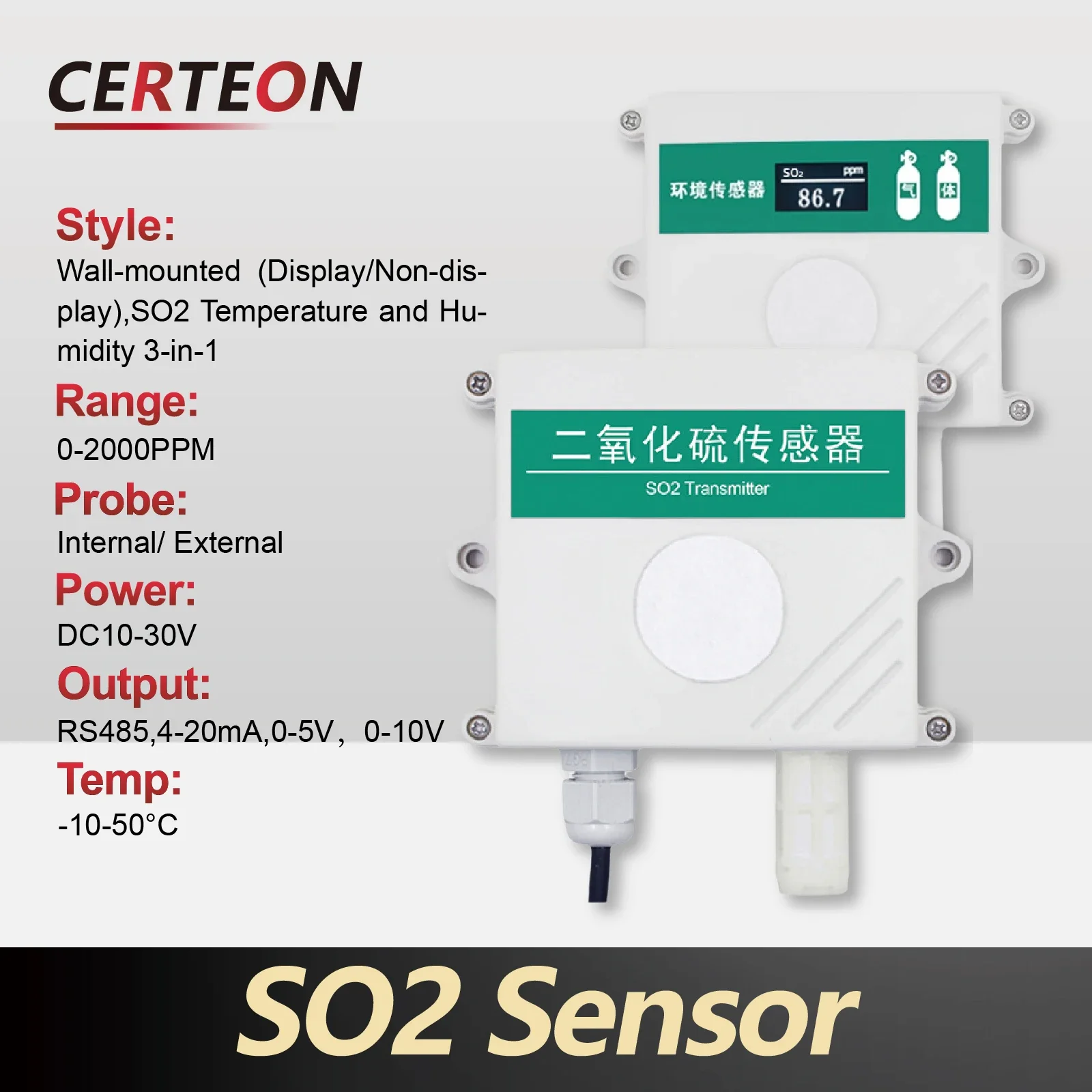 

Wall-Mounted SO2 Sensor High Precision Sulfur Dioxide Detector Industrial Air Pollution With Temperature & Humidity