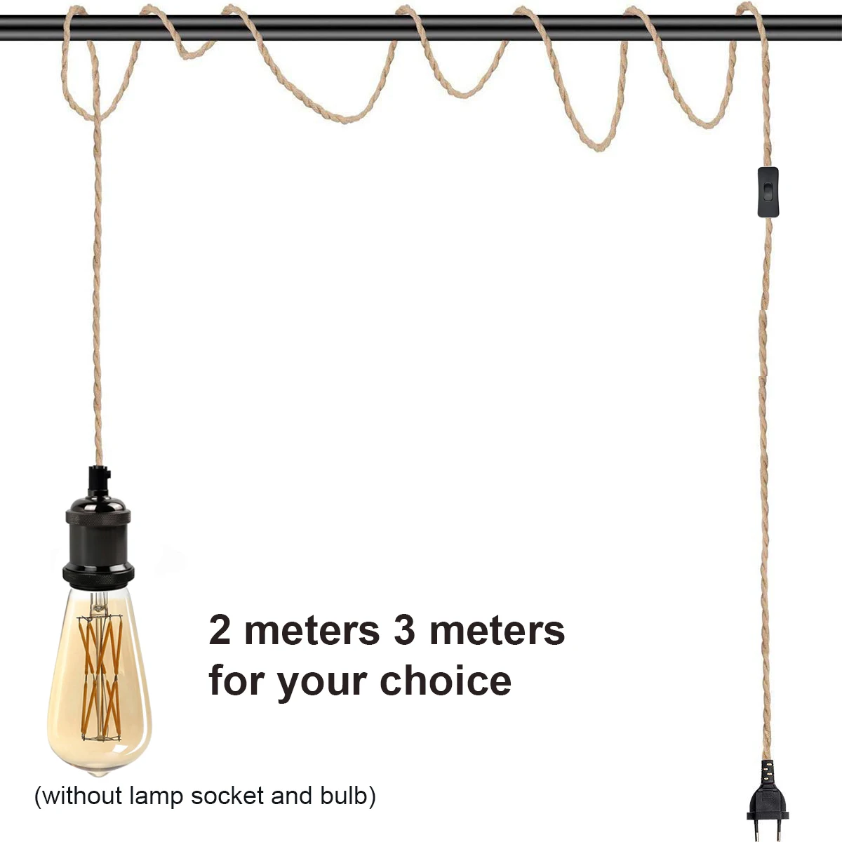 Cable de alimentación para lámpara colgante, cable de cáñamo E26 E27, enchufe de la UE con interruptor, cable de enchufe de bombilla Edison, 2M, 3M