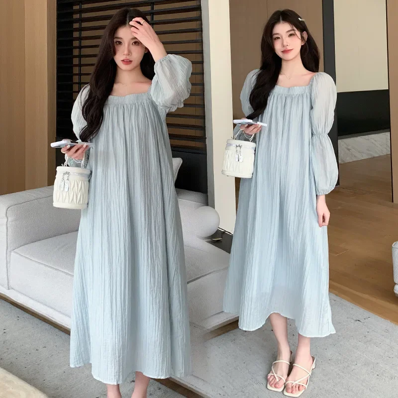 2024 Spring Korean Style Slimming Loose-Fit Elegant Long Sleeve Pregnancy Dress Square Collar Fashionable Maternity Gown