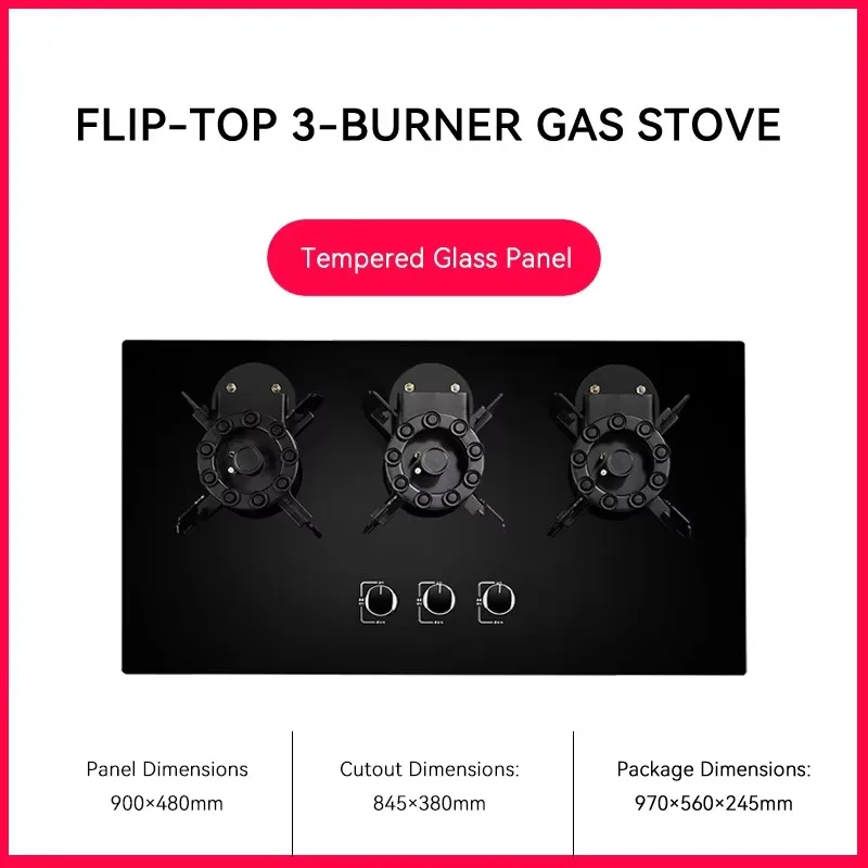 3  Burner Tempered Glass Gas Hob Burner Foldable Burner Built-in Gas Cooktop for Kitchen Stove Applicable to Family Hotels