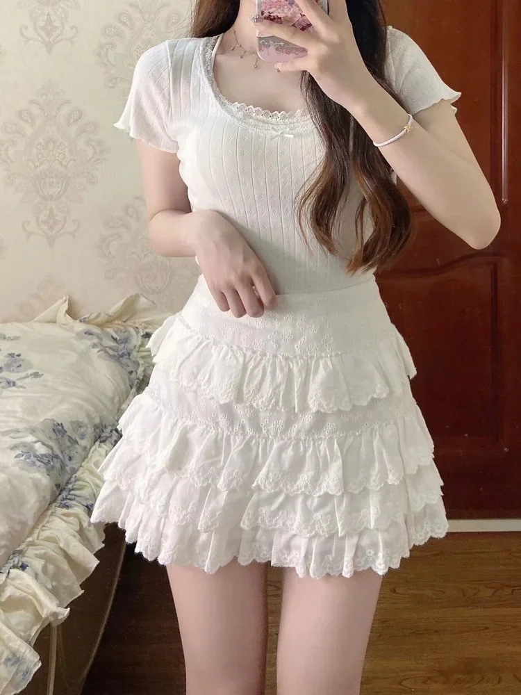 White T Shirt  Women 2022 Summer Lace Trim Bow Short Sleeve Slim Tops Women Clothes