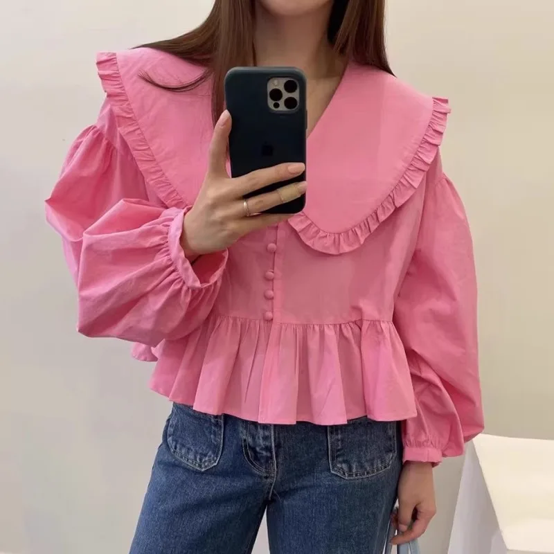 Neploe Korean Sweet Lapel Neck Shirts Women 2024 Spring New Loose Fungus Blusas Mujer Y2k All-match Puff Sleeve Blouses