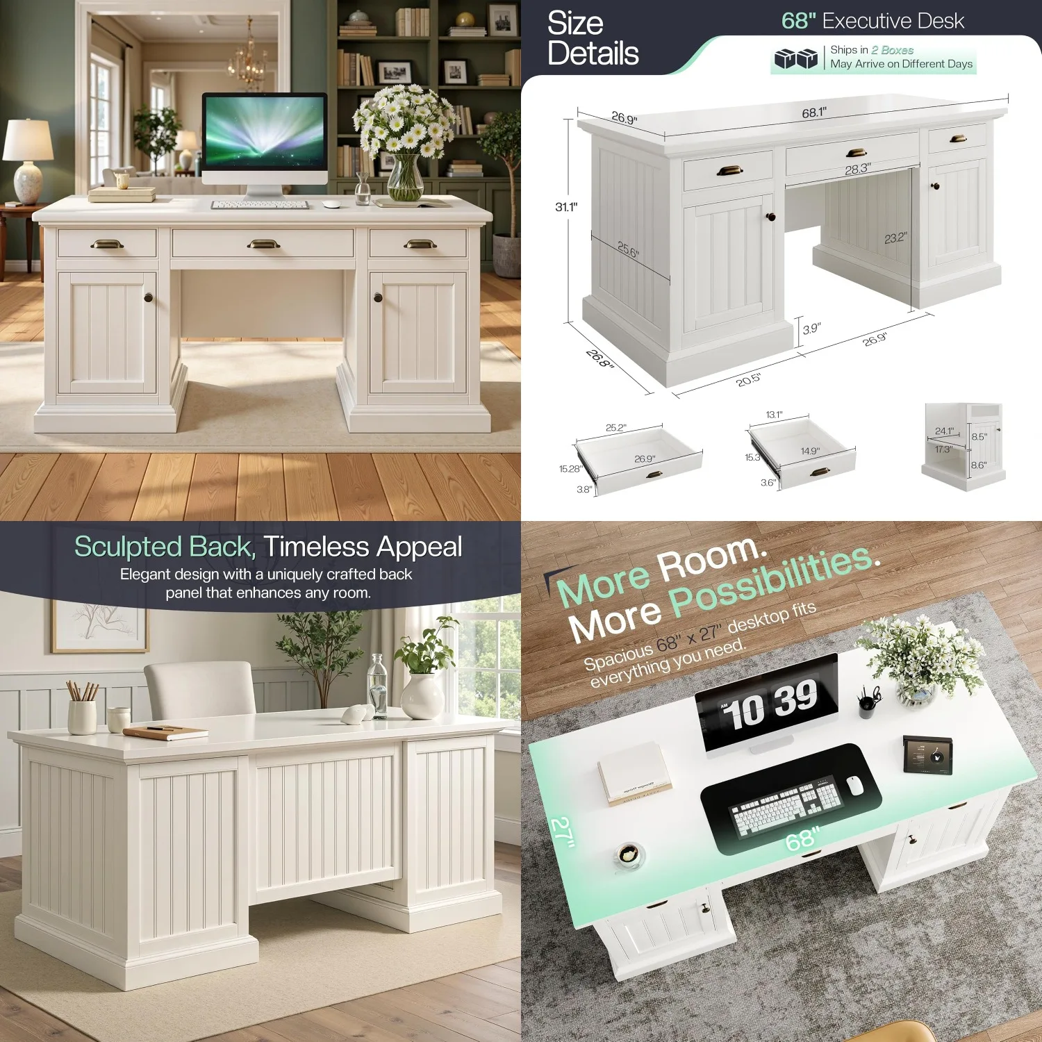 

Письменный стол руководителя 68 дюймов с 3 ящиками и 2 тумбами, с рифленой панелью, в стиле фермерского дома, для домашнего офиса/кабинета, чисто белый, на заказ