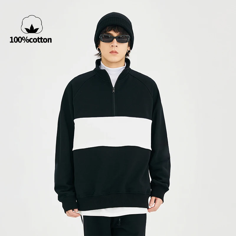 

American Style Clean Fit Half-Zip Sweatshirt with Long Sleeves, Heavyweight Pure Cotton Stand-Up Collar, Unisex