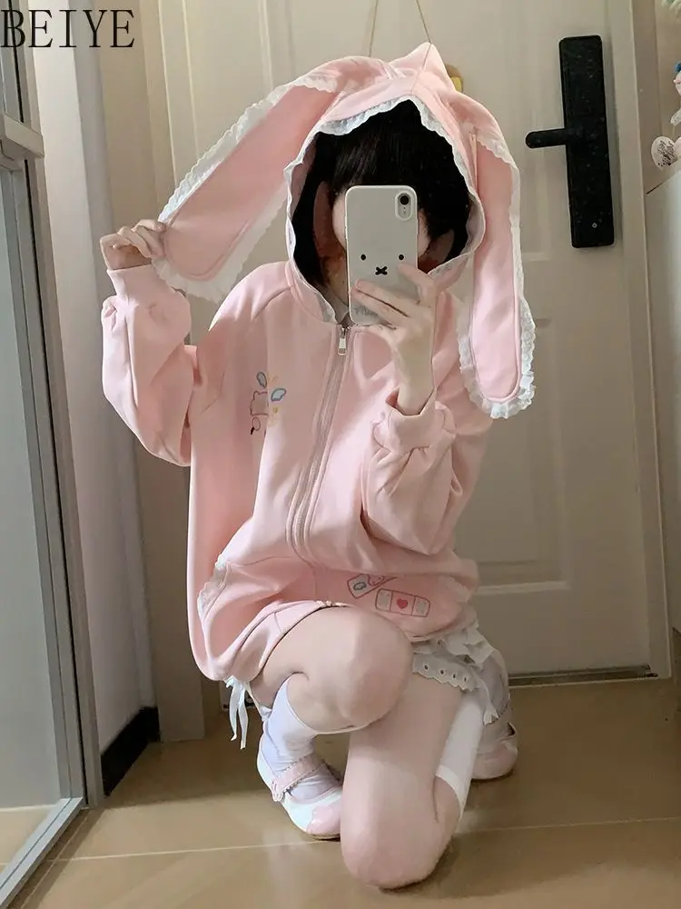 New Spring/autumn Girl Casual Coats Sweet Cute Rabbit Print Ears Lace Student Hooded Coat Zipper Cardigan Jacket Female
