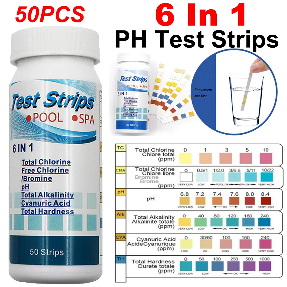 6 in 1 Test Strips For Aquarium /Fish Tank /Swimming Pool / Spa Water Quality 50pcs Chlorine /PH /Bromine Measure Paper