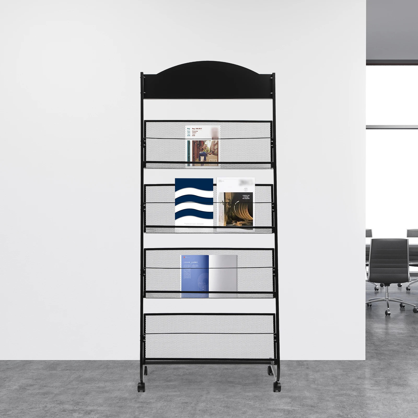 

Floor-Standing Magazine Rack 4-Layer Metal Wheeled Newspaper Rack Suitable for the Display of Brochures or Documents