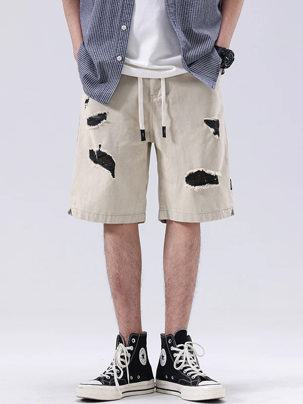 

High-End Trendy Men's Ripped Denim orts Summer New Loose Straight Five-Point Belted Cool Casual Jeans Mid-Waist Wide Leg Pants