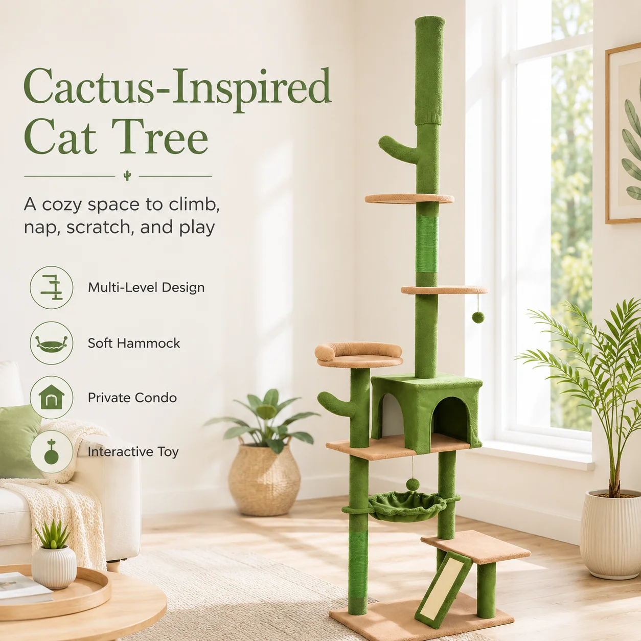 Cactus-Shaped Cat Tree Tower, Floor-to-Ceiling Tall Space-Saving Indoor Cat Climbing Playground