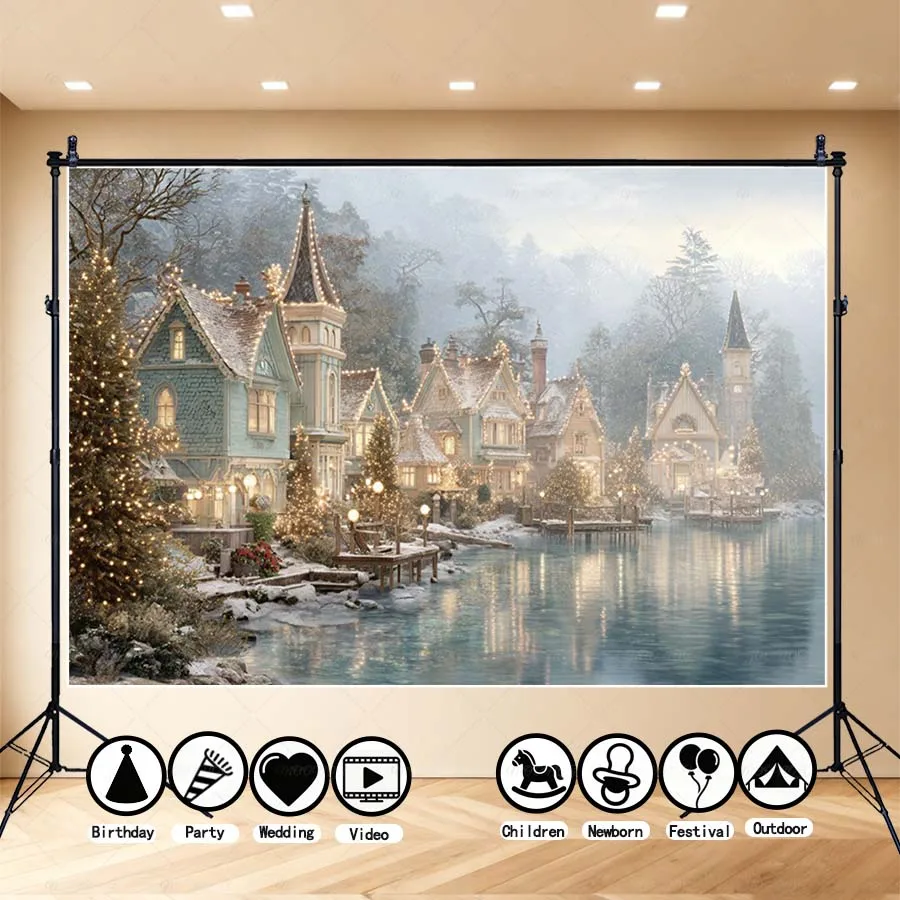 

MOON.QG Snow Lake Village Backgrounds For Photographs Pine Forests Water Christmas Backdrop Birthday Studio Photo Accessories