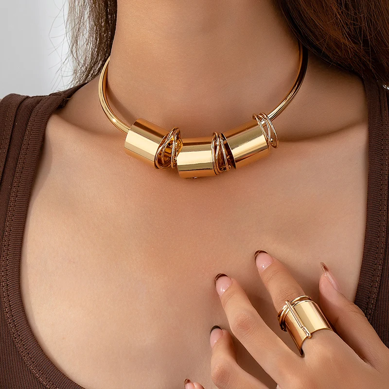 

European and American Golden Metal Round Tube Collar Necklace Earring Jewelry Set for Women Punk Style Girl Bar Accessories