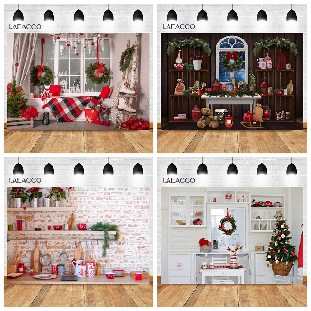 Kitchen Cupboard Christmas Party Festival Decor Interior Photocall Photography Background Wood Wall Family Party Photo Backdrop