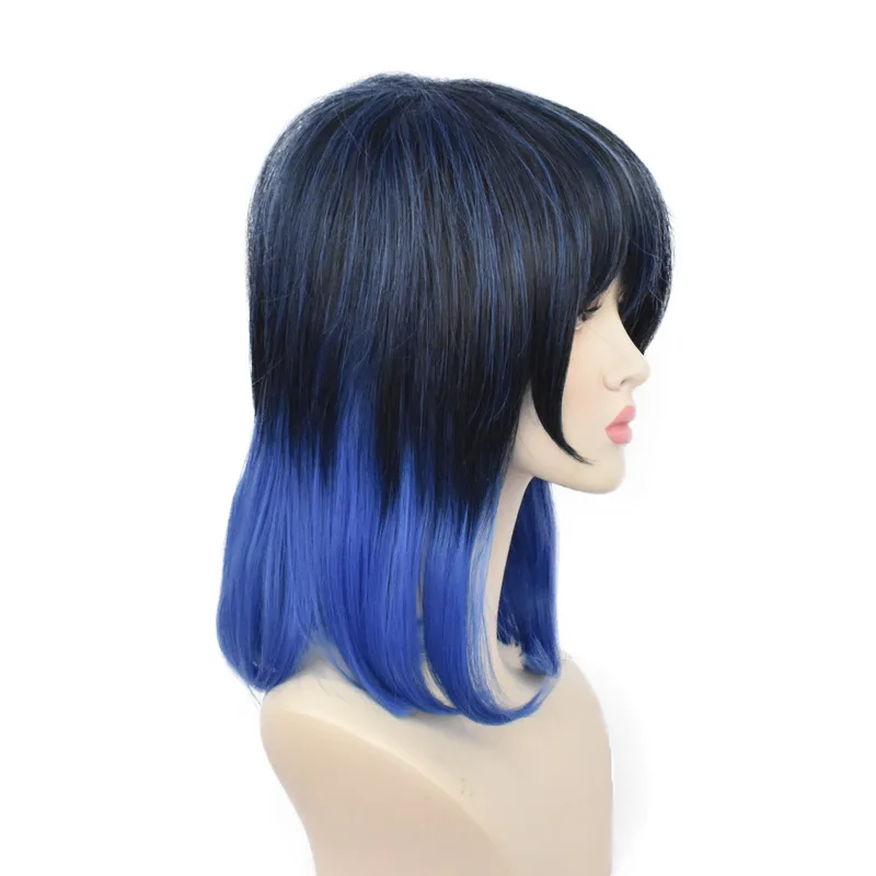 Anime Inosuke Hashibira Cosplay Wig Mixed Blue Short Hair Heat Resistant Synthetic Fiber Wig With Rose Net Halloween Party Wig