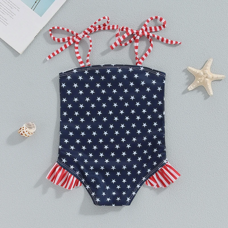 

Little Girl 4th of July Swimsuit Star Print Striped Square Neck Tie-Up Spaghetti Strap Bathing Suit Infant Toddler Swimwear