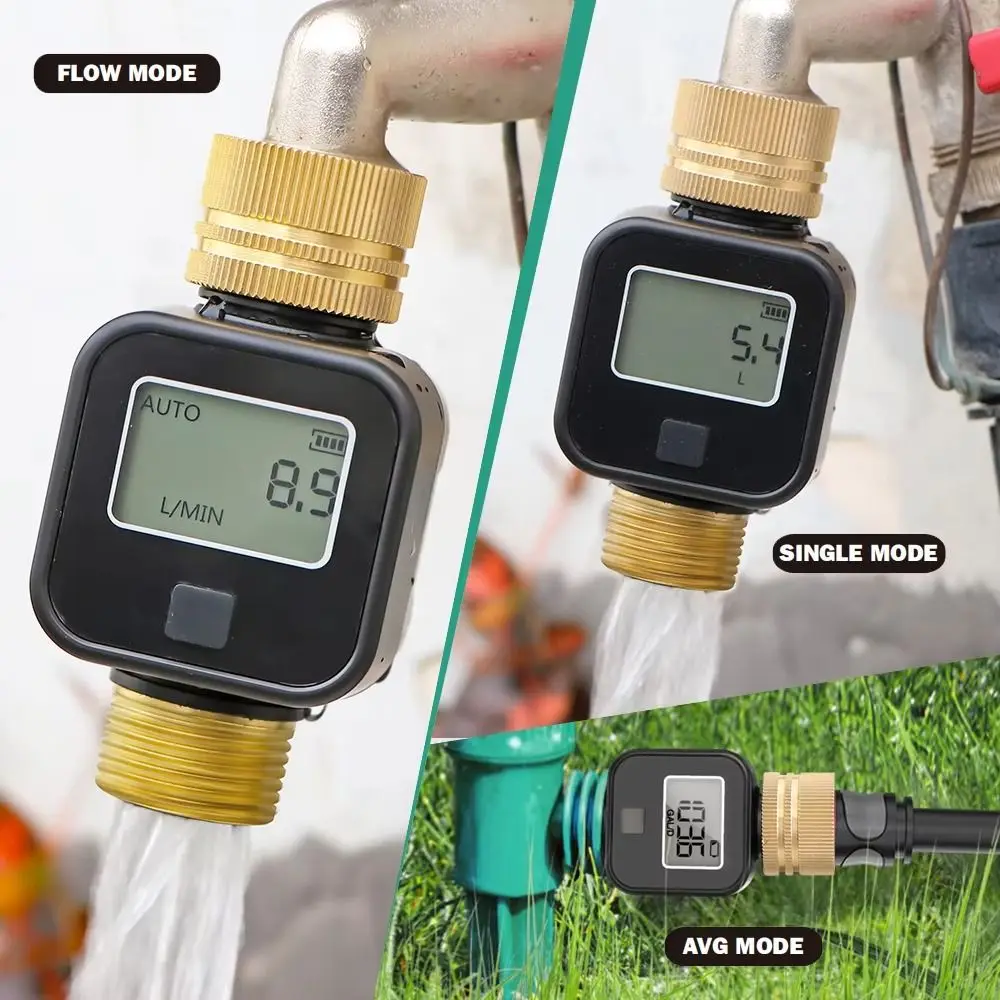 IPX5 Waterproof Digital Water Flow Meter Brass Inlet LCD Display Electronic Water Meter Movable Joint Multifunctional