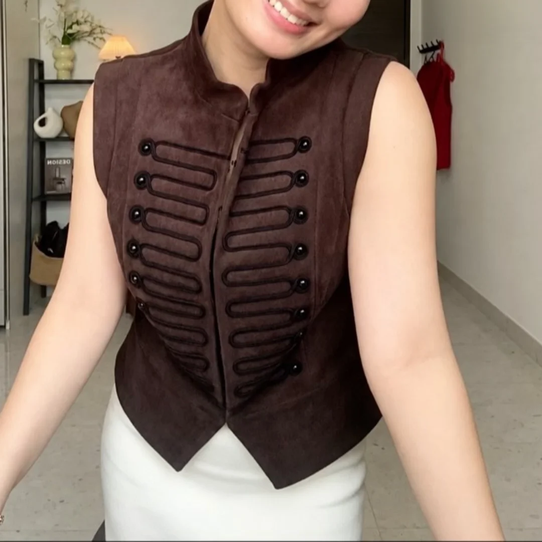 Womens Vintage Faux Suede Waistcoat Military Braided Button Stand Collar Sleeveless Jacket Slim Retro Steampunk Vest Top