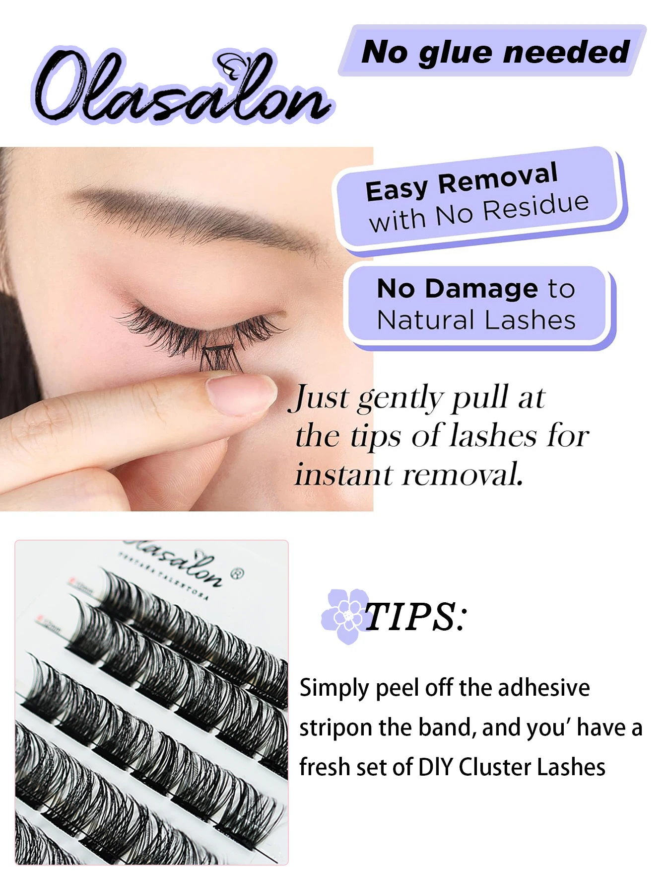 Olasalon Self Adhesive Lash Clusters  D+ Curl Press-On No Glue Needed DIY Lash Extension Reusable Cluster Lashes Fuss Free No St