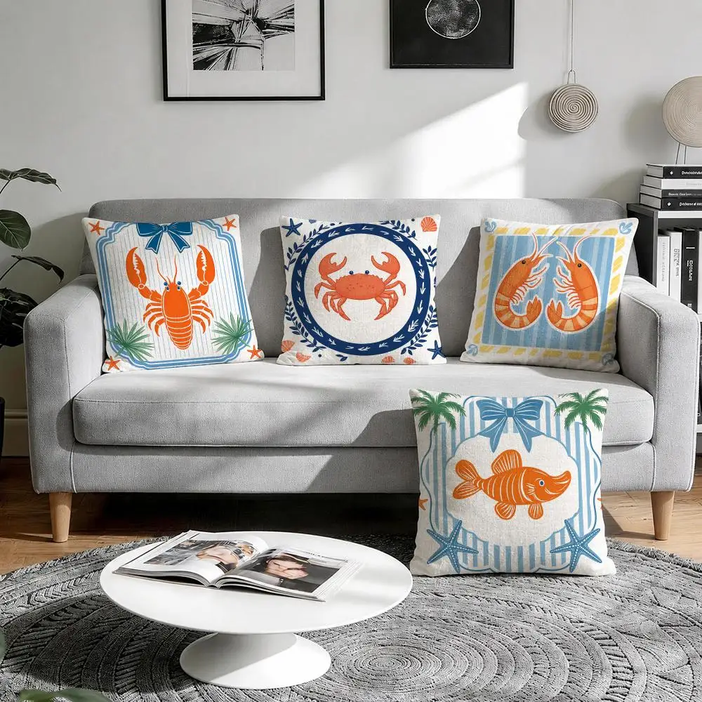 Preppy Crab Shrimp Print Cushion Cover Natural Breathable Durable Linen Printed Decor Pillow Case Sofa Bedroom