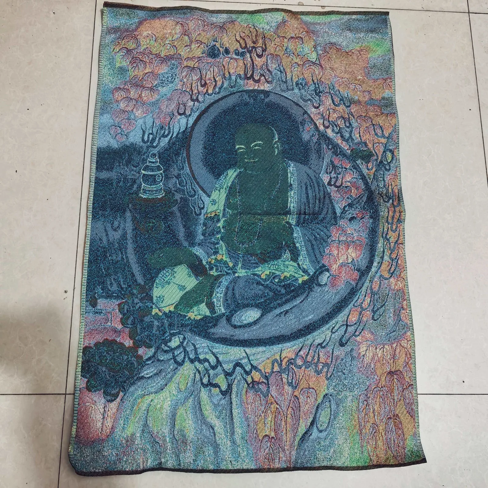 China Old Brocade Embroidery Tangka,Maitreya Buddha statue