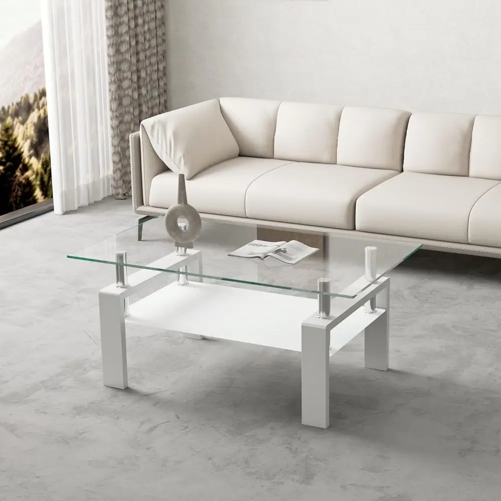 Modern Rectangular Tempered Glass Coffee Table with White Metal Frame for Living Room