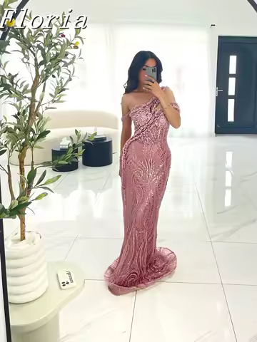 Exquisite Pink Evening Dresses For Women One Shoulder Strap Sleeves Gown Sequins Floor Length Dress Party Customized Dress