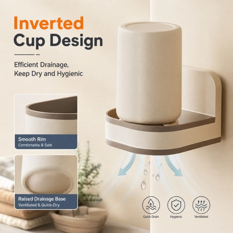 Wall‑Mounted Toothbrush Holder, No‑Drill Bathroom Toothpaste Organizer, Inverted Drainage Mouthwash Cup Storage Rack