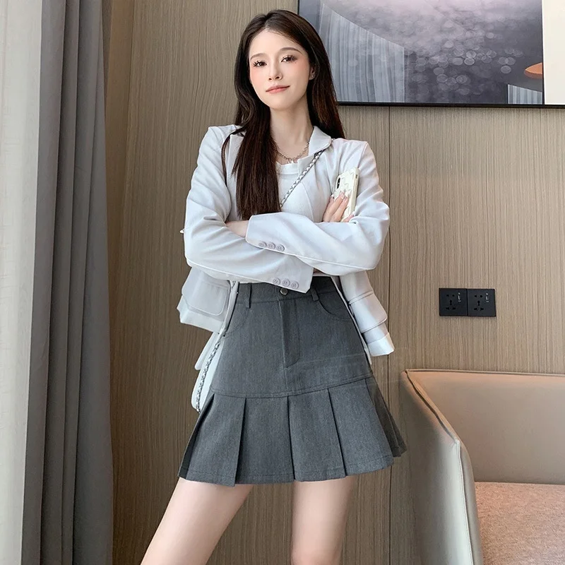 TFETTERS Women Gray Pleated Mini Skirt Spring Autumn High Waist A Line Short Skirt Anti-Exposure Casual Office Ladies Skort