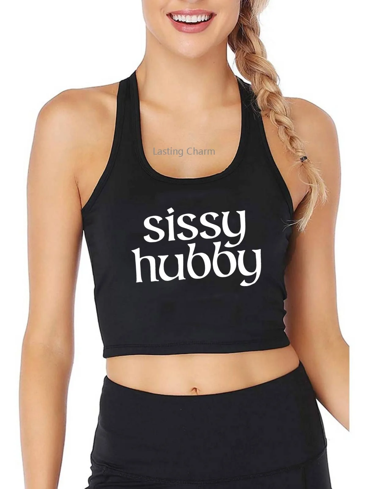 

Sissy Hubby Pattern Tank Top Adult Humor Fun Flirty Print Yoga Sports Workout Crop Tops Women's Gym Vest