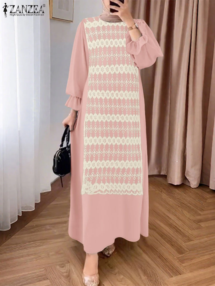 ZANZEA Donna Musulmana Eid Abiti Hijab Islamico O-Collo Patchwork di Pizzo Manica Lunga Solido Lungo Abaya Vestaglie Allentato Casual Abito Modesto
