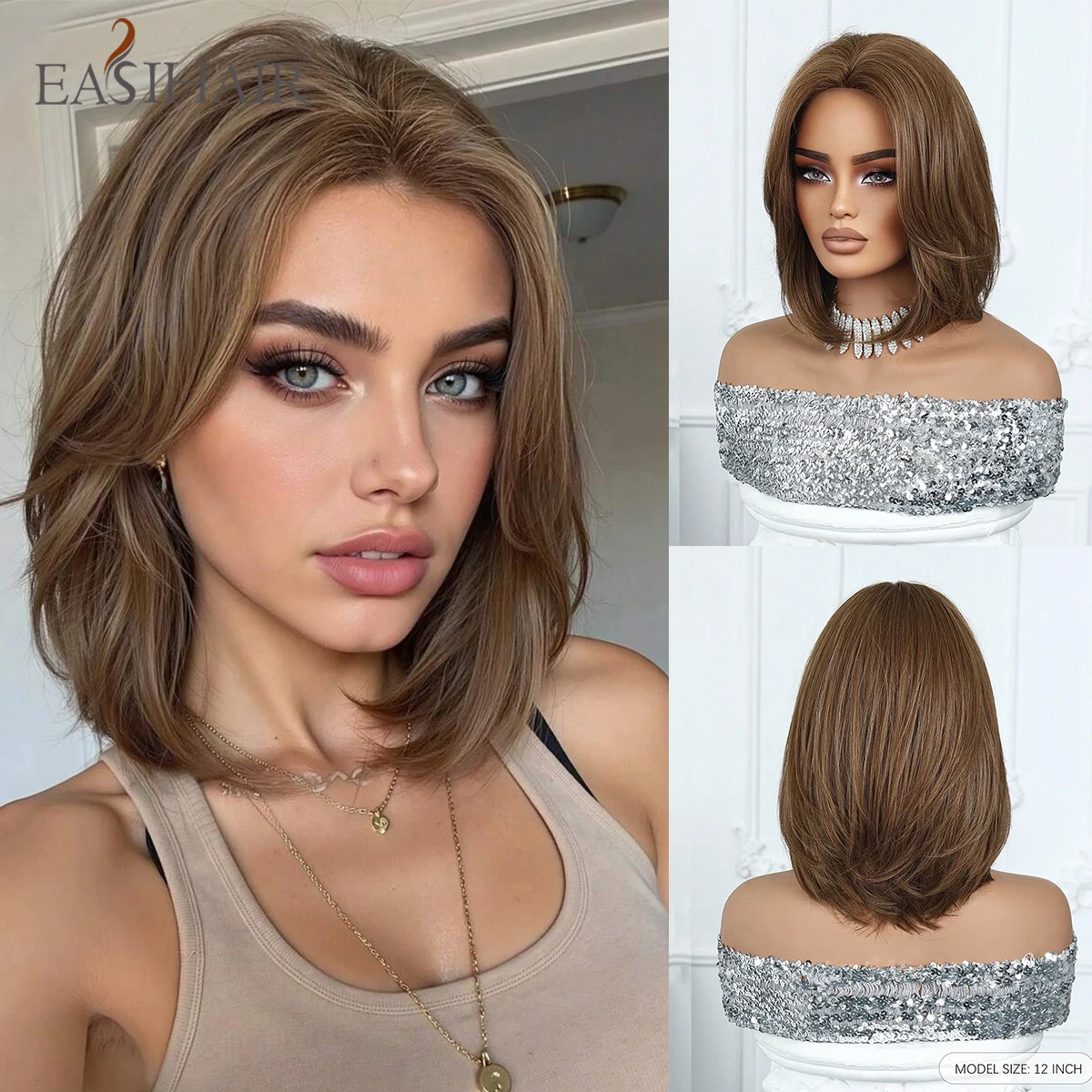

EASIHAIR Short Straight Bob Hair Synthetic Wigs for Women Brown Straight Natural Wigs with Eight Character Bangs Daily Cosplay