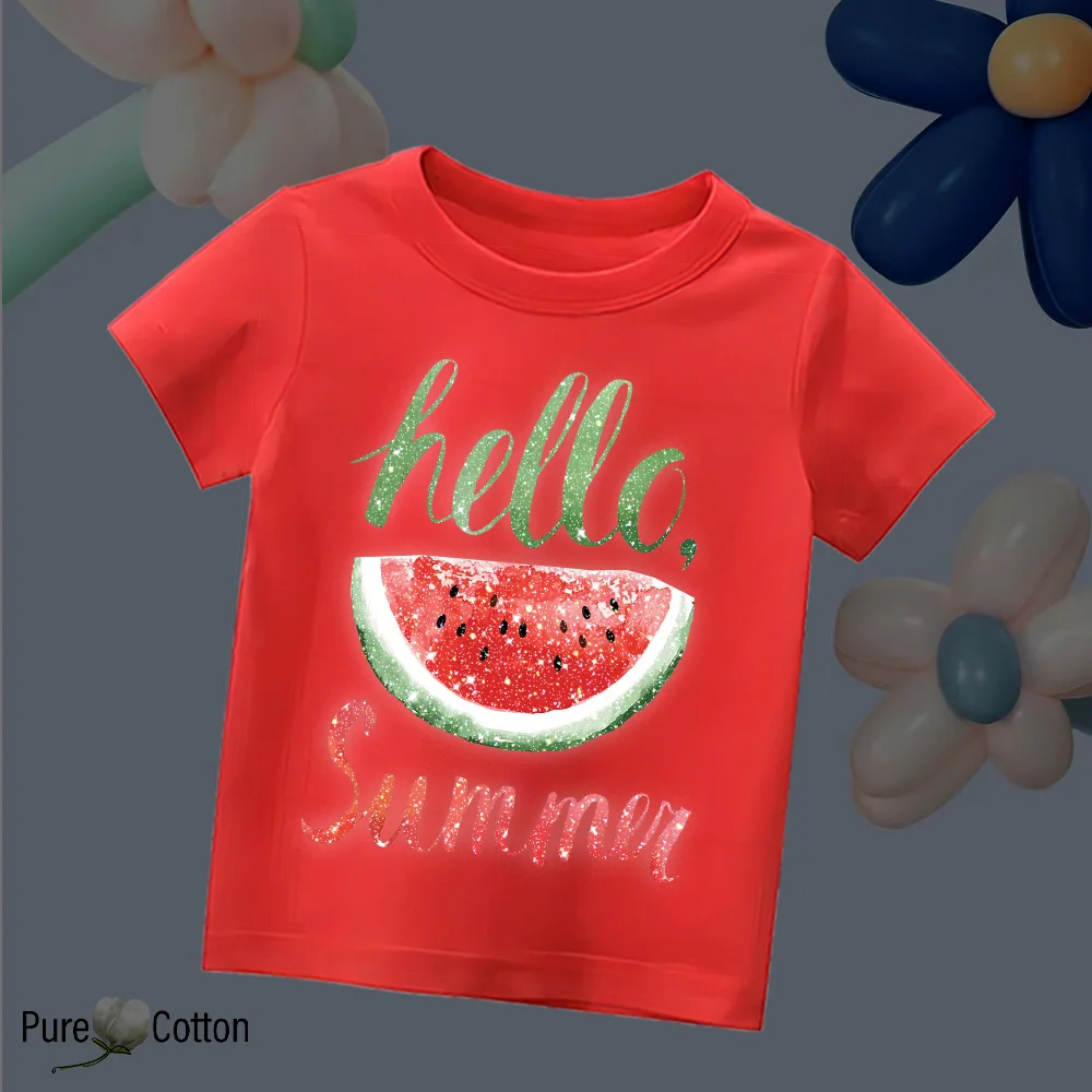 Summer children's short sleeved watermelon party clothes O-neck children's clothing pure cotton T-shirt can be sweet, shiny