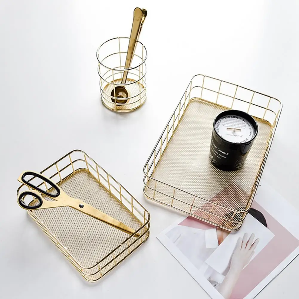 Pen Holder Metal Storage Organizer Box Electroplated Metal Golden Sundries Box Pen Organizer Storage Basket Desktop Organizer