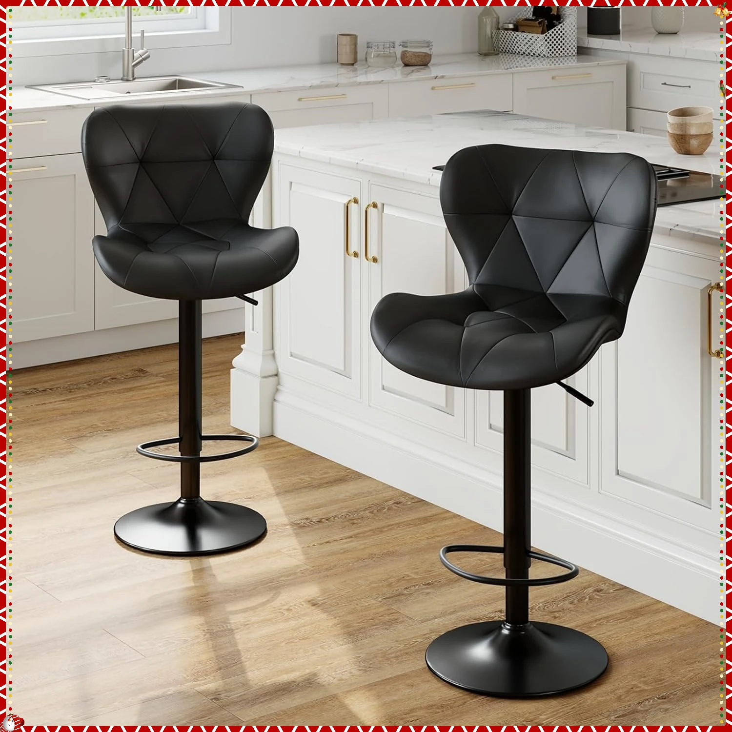 Modern Faux Leather Bar Stools Set of 2, Adjustable Swivel Counter Height Stools with Back Support for Kitchen Bar