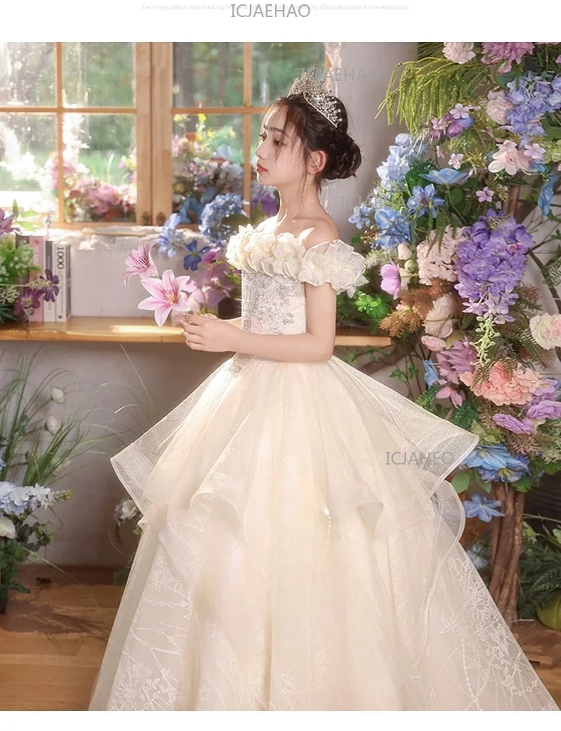 Off Shoulder Girls Wedding Host Gown, Luxury Unique Elegant Princess Children Costume Dress For Kids Piano Performance