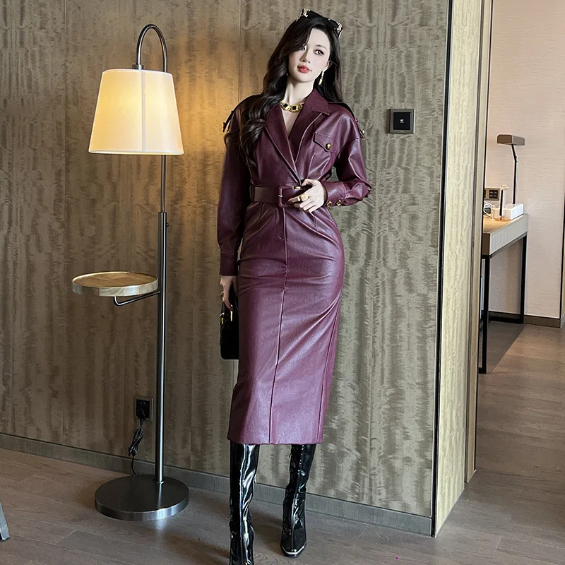 

Женское платье из искусственной кожи с высокой талией, отложным воротником, приталенное, с длинными рукавами, осеннее, модное, новое, повседневное, цветное