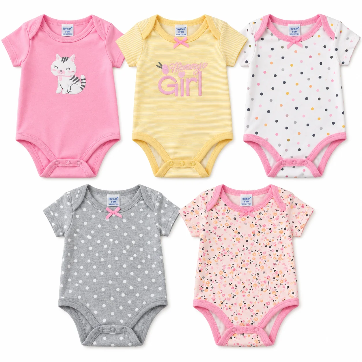 5Pcs Baby Girl Bodysuits 100% Cotton Short Sleeve Rompers Cute Cat Floral Polka Dot Newborn Infant Clothes Outfit Set