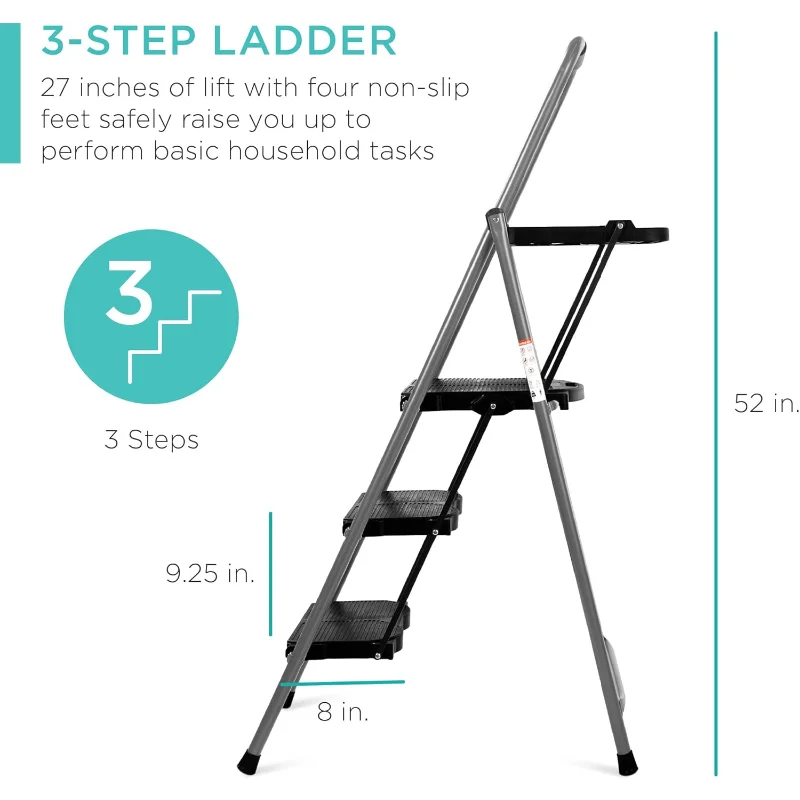 Best Choice Products 3-Step Ladder with Tool Tray, Portable Folding Wide Anti-Slip Step Stool, Hand Grip for Home and Office