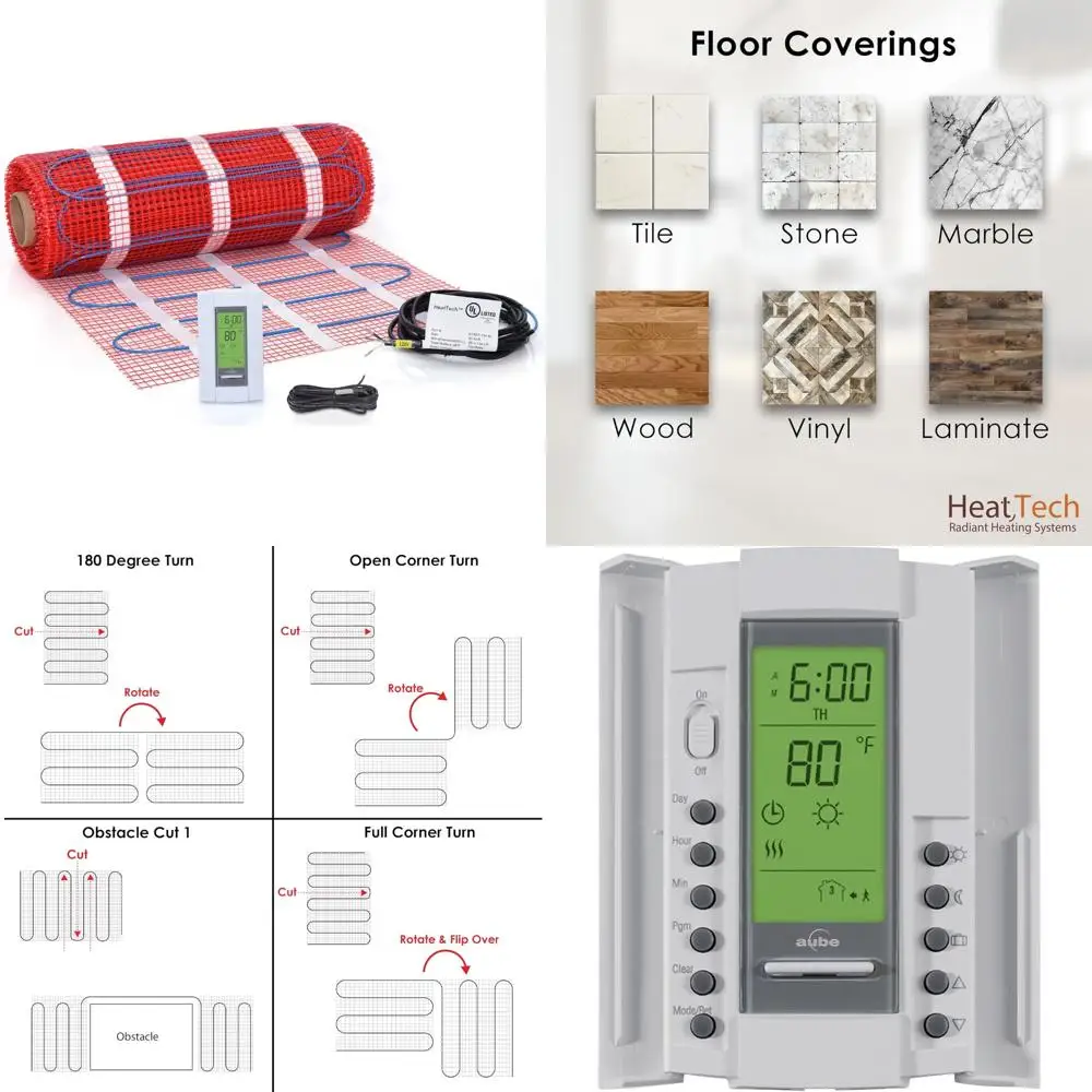 نظام تسخين الأرضية المشعة الكهربائية بطول 60 قدمًا مربعًا، مجموعة حصيرة لاصقة مدعومة 120 فولت لتدفئة المنزل بكفاءة #1