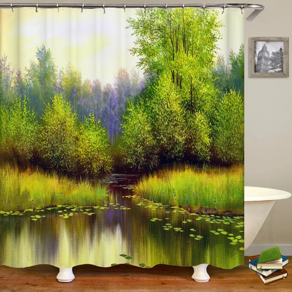 

Tropical Sunbeam Rainforest Shower Curtain Greenery Tree Green Moss Natural Waterfall Lake Scenic with Hooks Bath Curtains