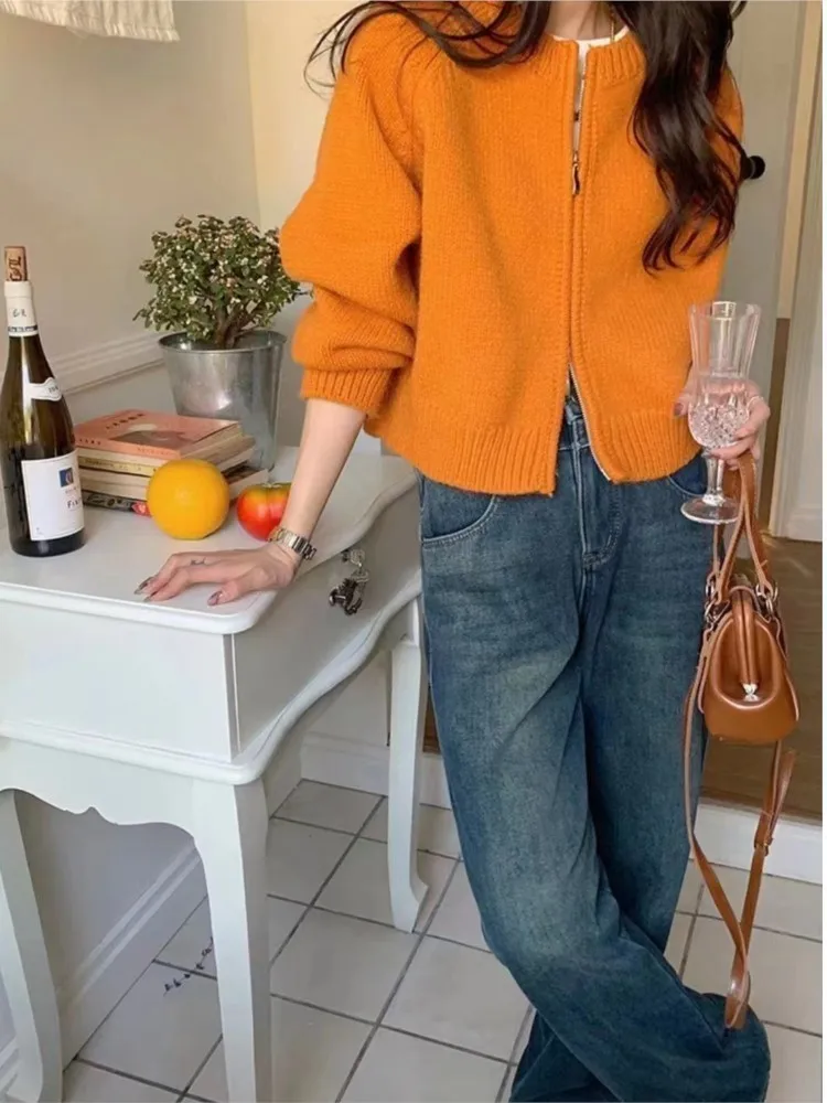 

Stripe Knit Cardigan Sweater Woman Korean Loose Casual Thicken Warm Sweaters Autumn Winter 2023 Long Sleeve Zip-up Vintage Tops