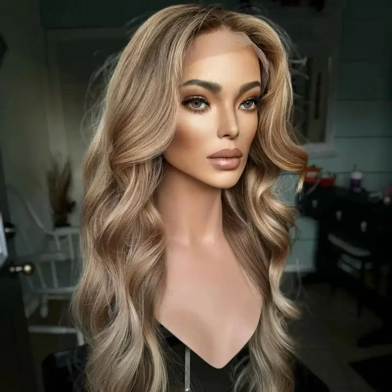 Glueless Ombre Caramel Blonde Brown HD Lace Frontal Wig with Roots Top Synthetic Wig Blend Human Hair Soft Long Body Wave Wig